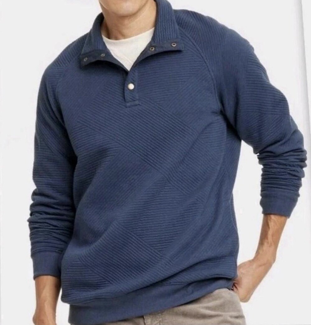 Goodfellow Quilted Pullover Snap Mock Neck Sweatshirt Navy Blue Mens L NWT